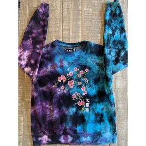 Blind Rooster Size Medium Tie Dyed Embroidered Sweatshirt Floral Blue Black
